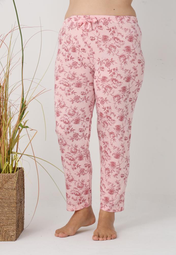 Pantaloni de Pijama Dama Lungi,Big Size,Culoare Roz cu Trandafir Rosu, Engros